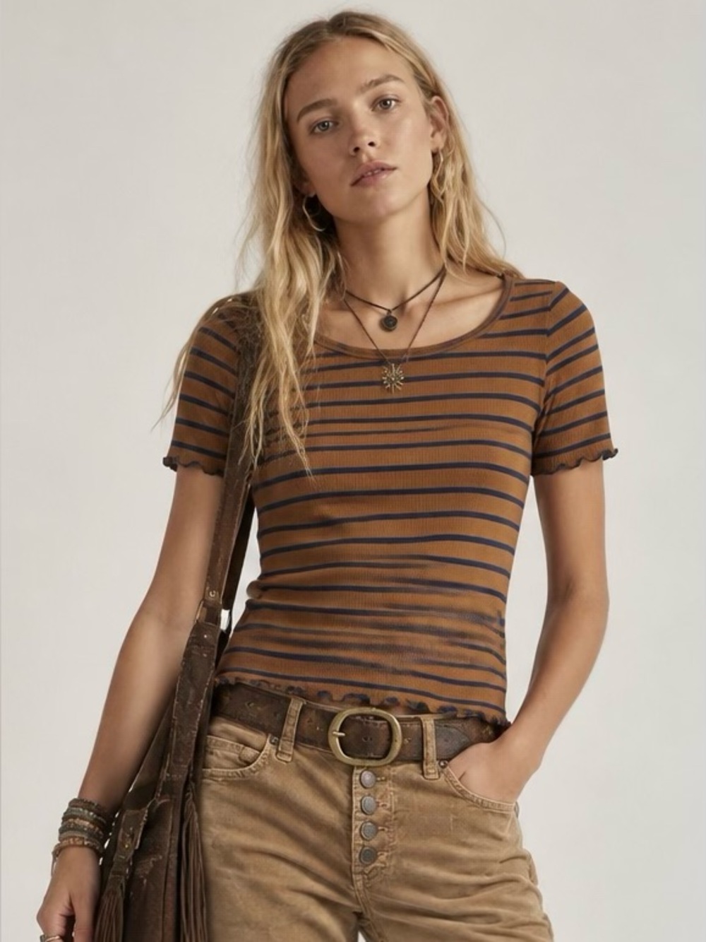 Free People We The Free Women’s Striped Ribbed Tee Brown Navy Size L Lettuce Hem